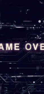 Futuristic "Game Over" design with digital and neon elements on dark background.